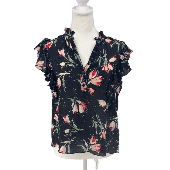 Rebecca Taylor Black Tulip Floral Ruffle V-Neck Blouse Size 6 Silk Designer - Picture 1 of 9